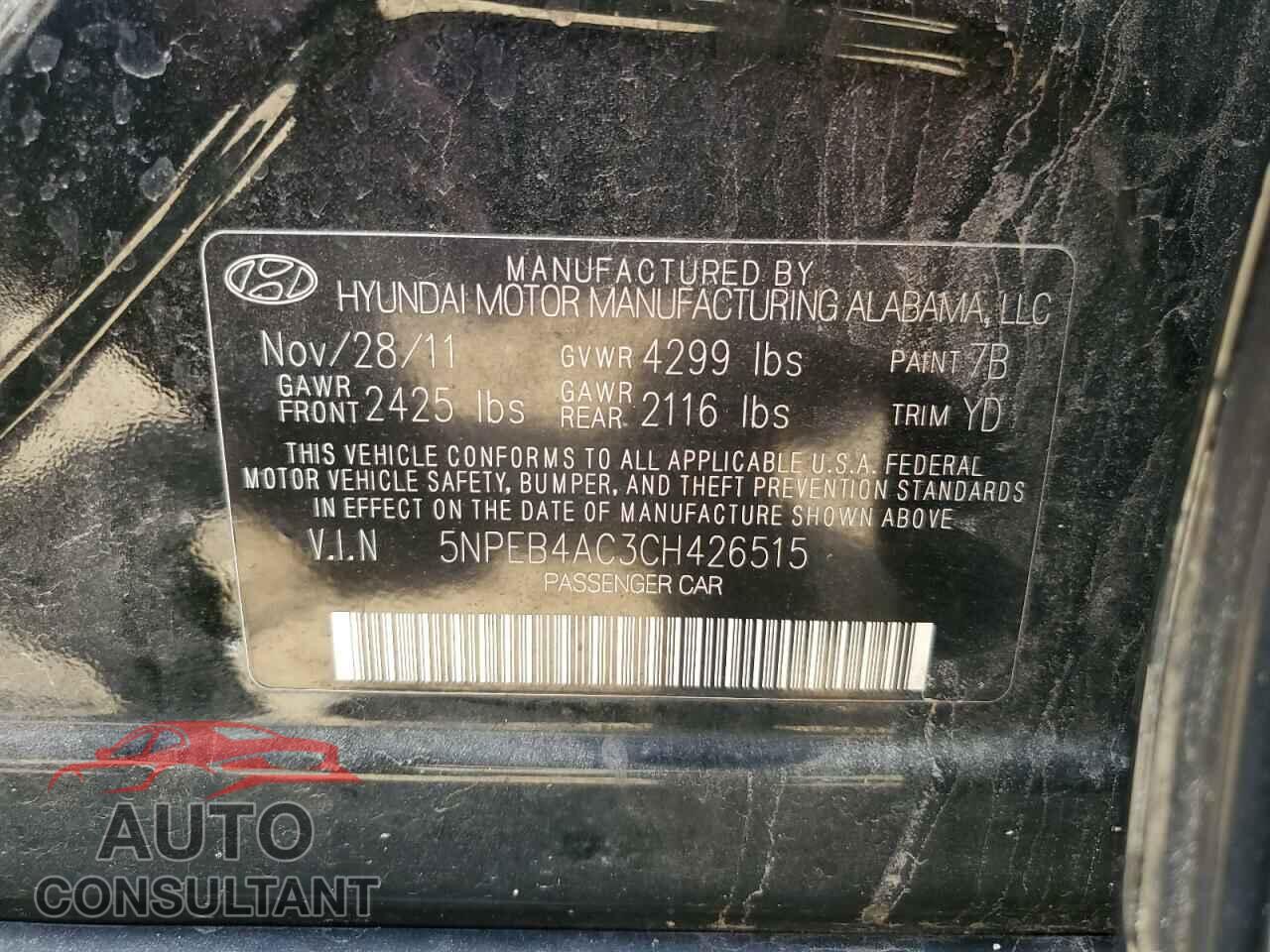 HYUNDAI SONATA 2012 - 5NPEB4AC3CH426515