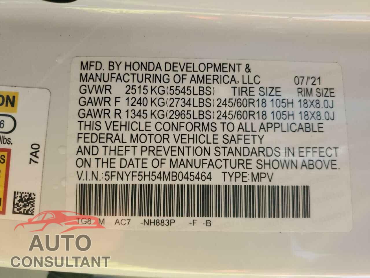 HONDA PILOT 2021 - 5FNYF5H54MB045464