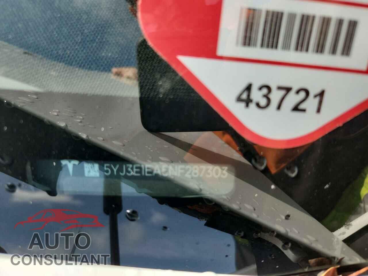 TESLA MODEL 3 2022 - 5YJ3E1EA5NF287303