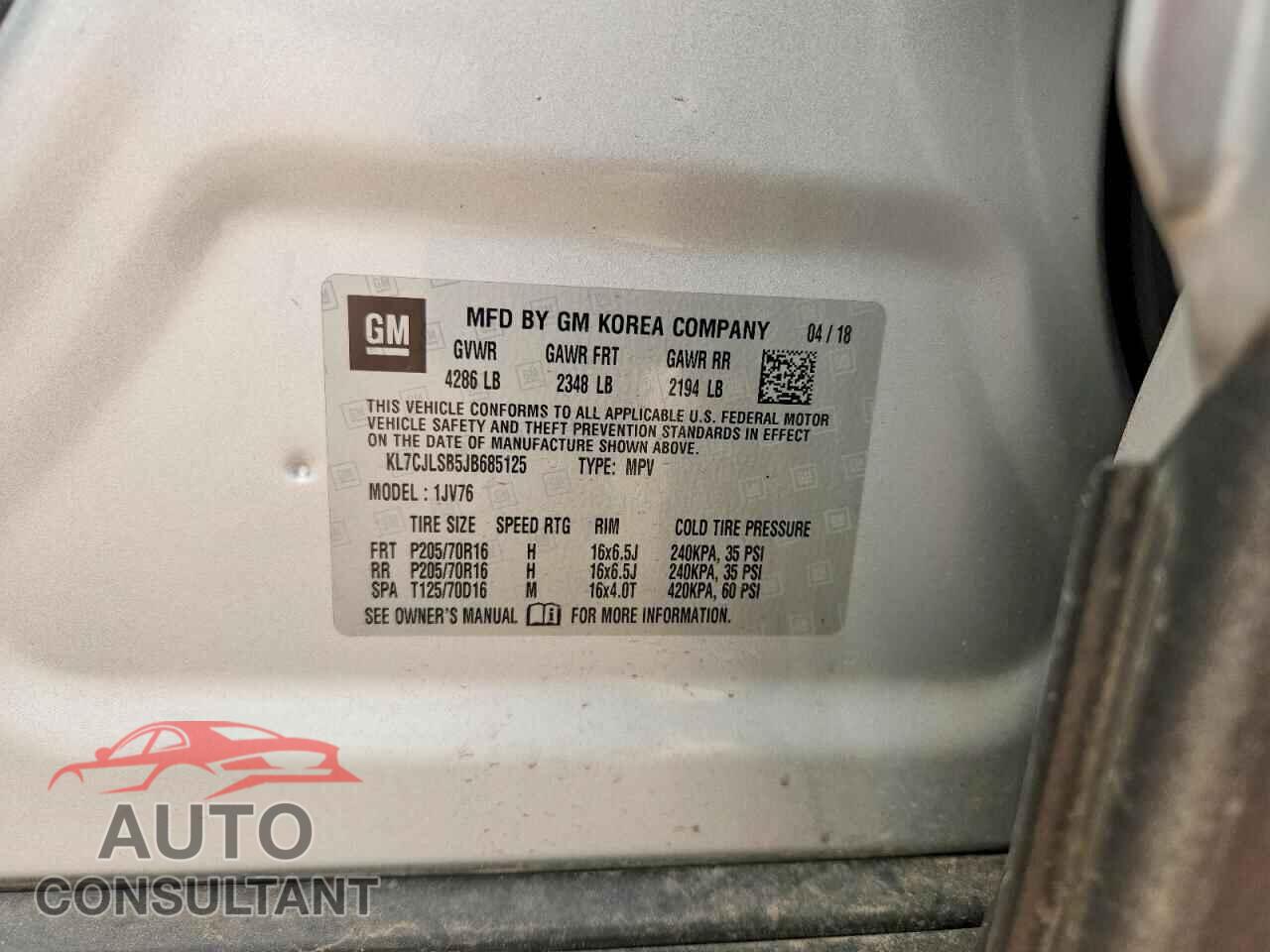 CHEVROLET TRAX 2018 - KL7CJLSB5JB685125
