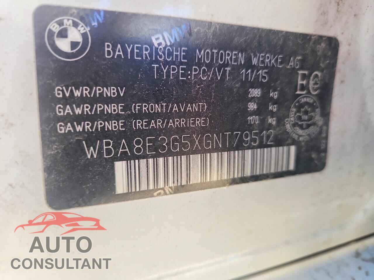 BMW 3 SERIES 2016 - WBA8E3G5XGNT79512