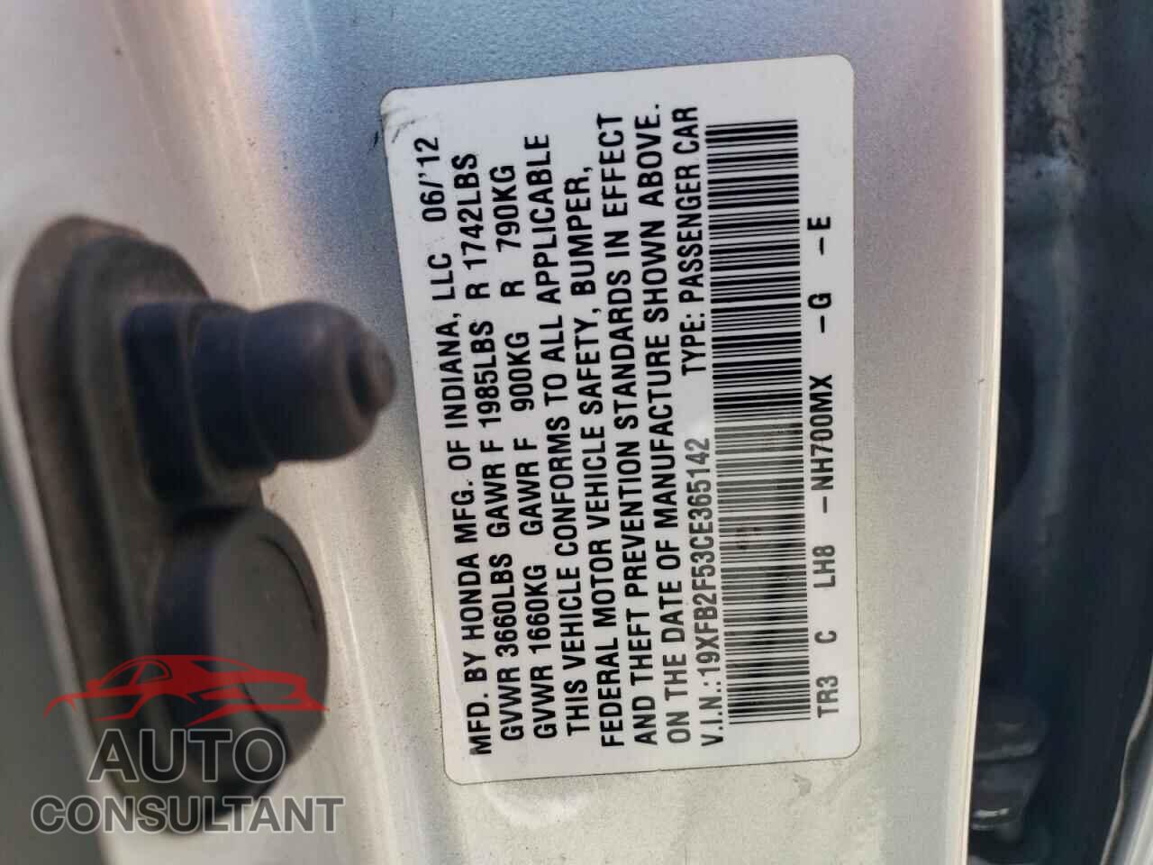 HONDA CIVIC 2012 - 19XFB2F53CE365142