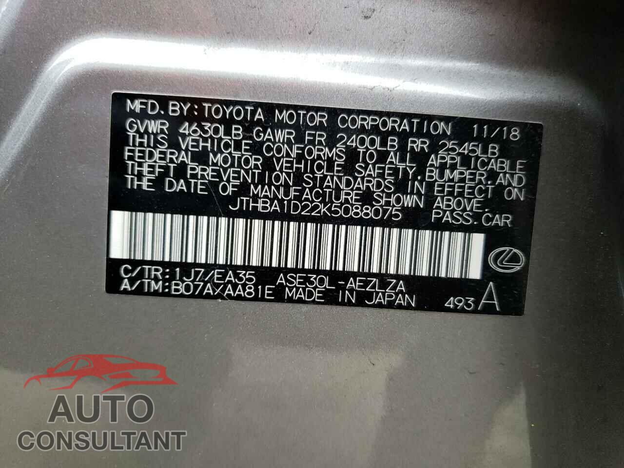 LEXUS IS 2019 - JTHBA1D22K5088075