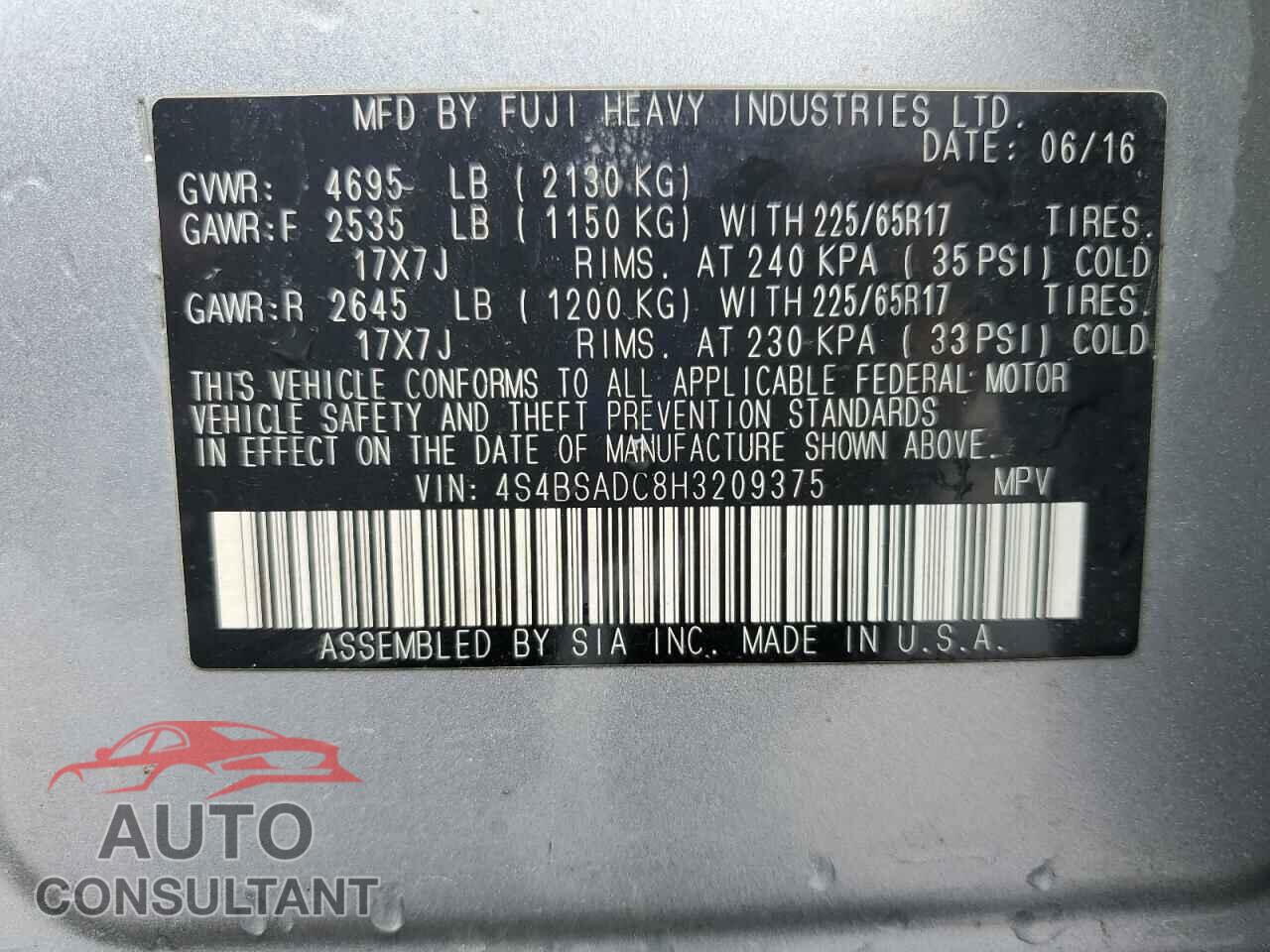 SUBARU OUTBACK 2017 - 4S4BSADC8H3209375