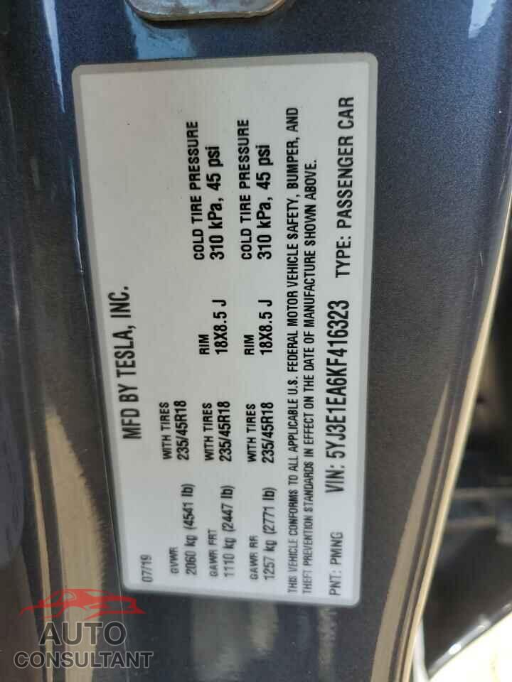 TESLA MODEL 3 2019 - 5YJ3E1EA6KF416323