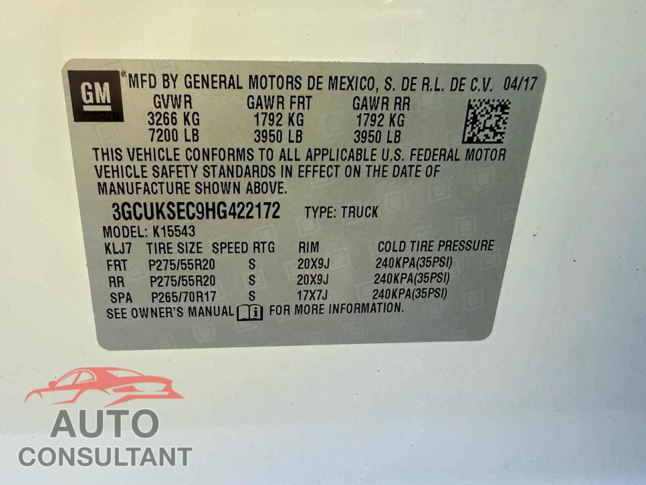 CHEVROLET SILVERADO 2017 - 3GCUKSEC9HG422172