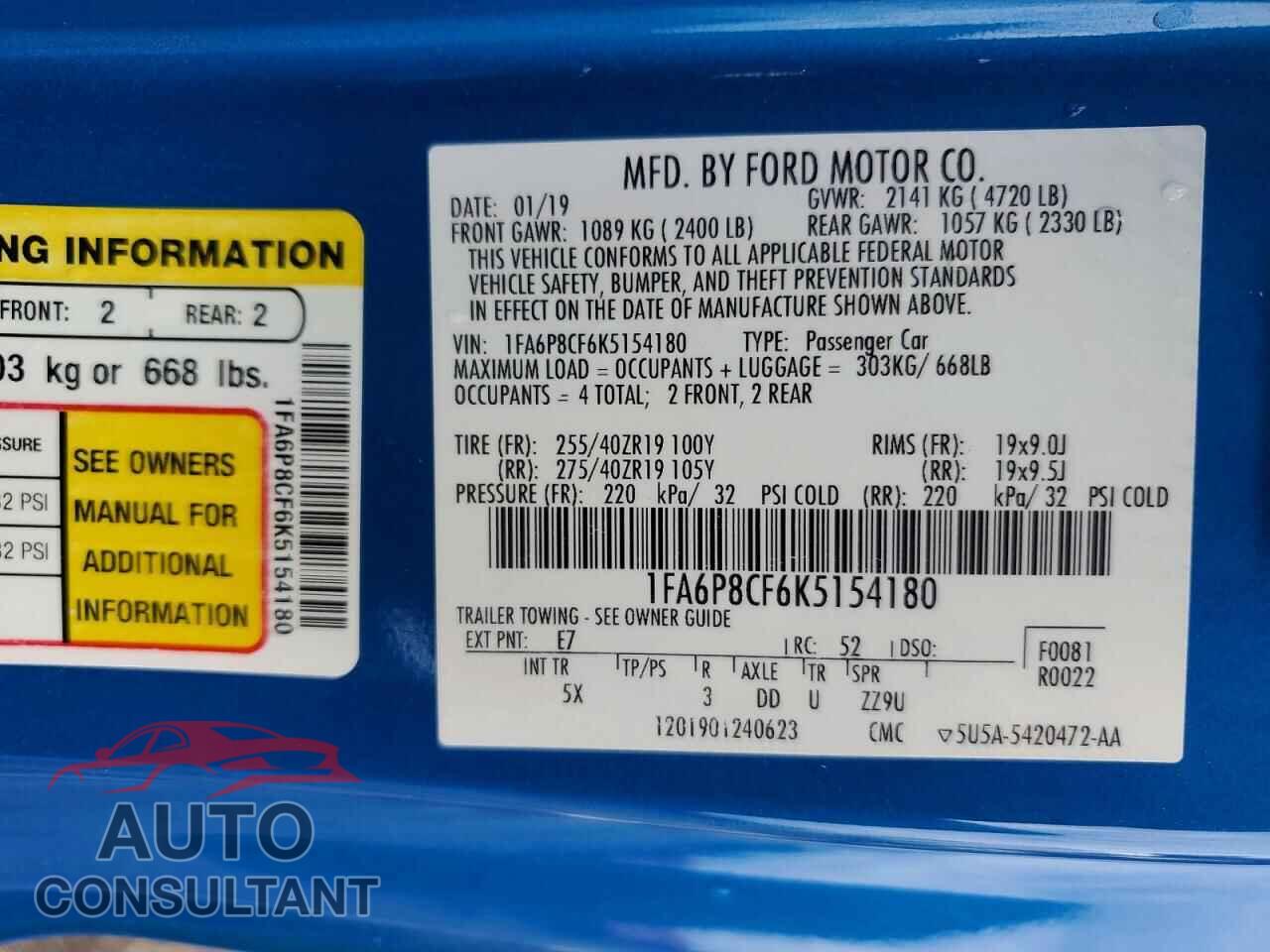 FORD MUSTANG 2019 - 1FA6P8CF6K5154180