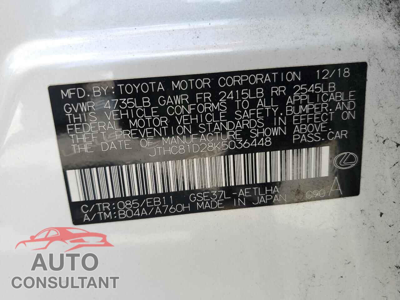 LEXUS IS 2019 - JTHC81D28K5036448
