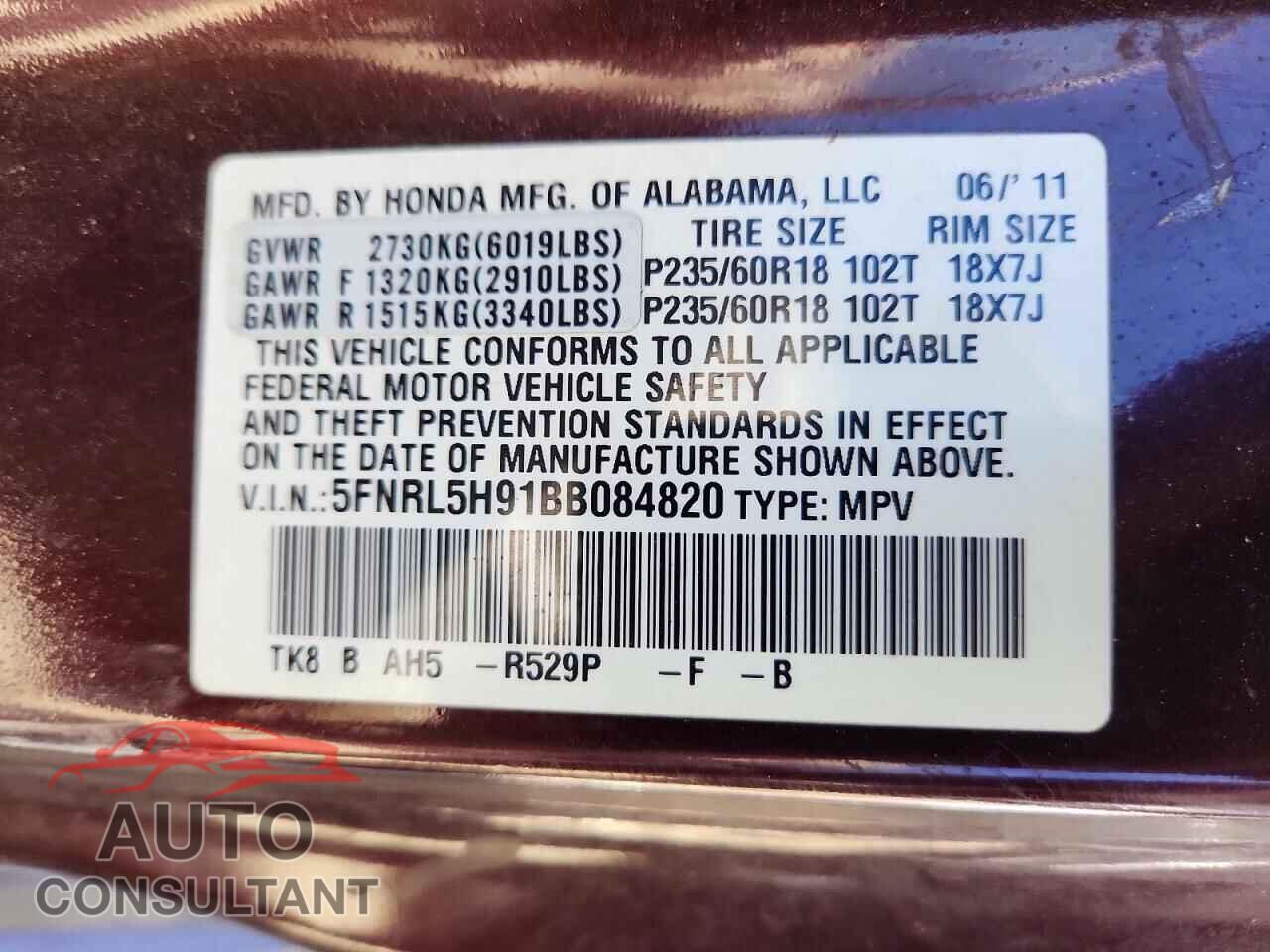 HONDA ODYSSEY 2011 - 5FNRL5H91BB084820