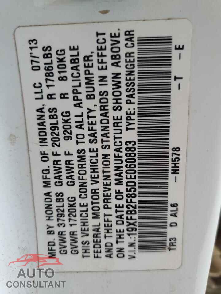 HONDA CIVIC 2013 - 19XFB2F85DE060883