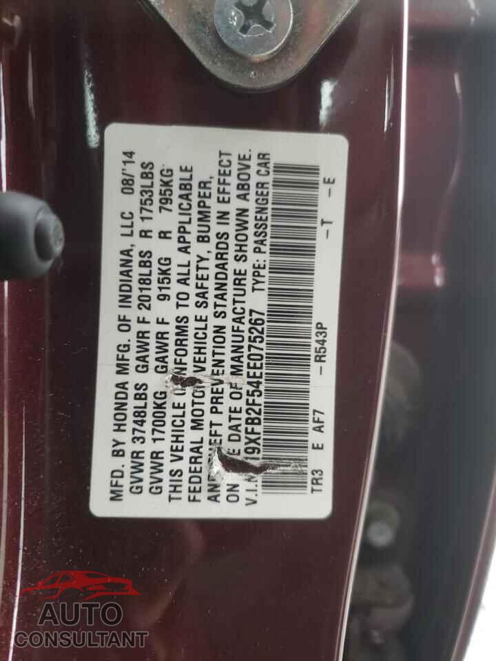 HONDA CIVIC 2014 - 19XFB2F54EE075267