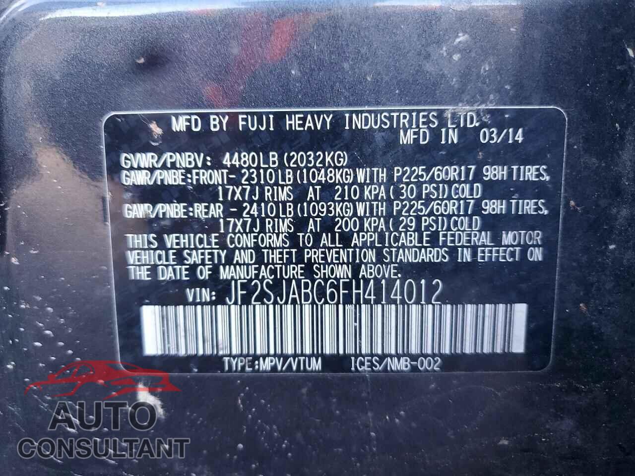SUBARU FORESTER 2015 - JF2SJABC6FH414012