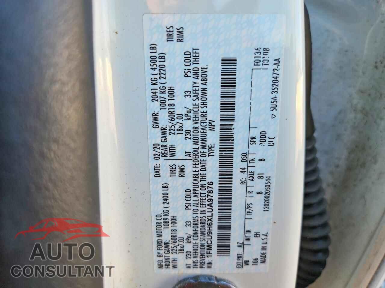 FORD ESCAPE 2020 - 1FMCU9H6XLUA97876