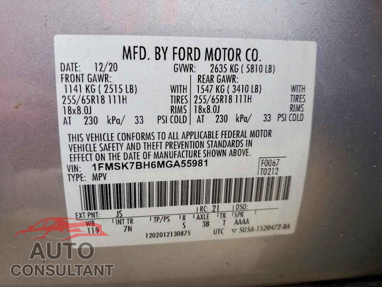 FORD EXPLORER 2021 - 1FMSK7BH6MGA55981