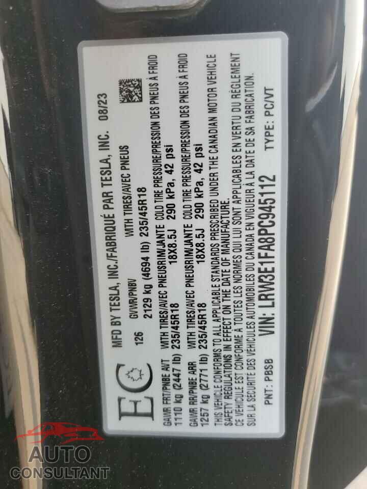 TESLA MODEL 3 2023 - LRW3E1FA8PC945112