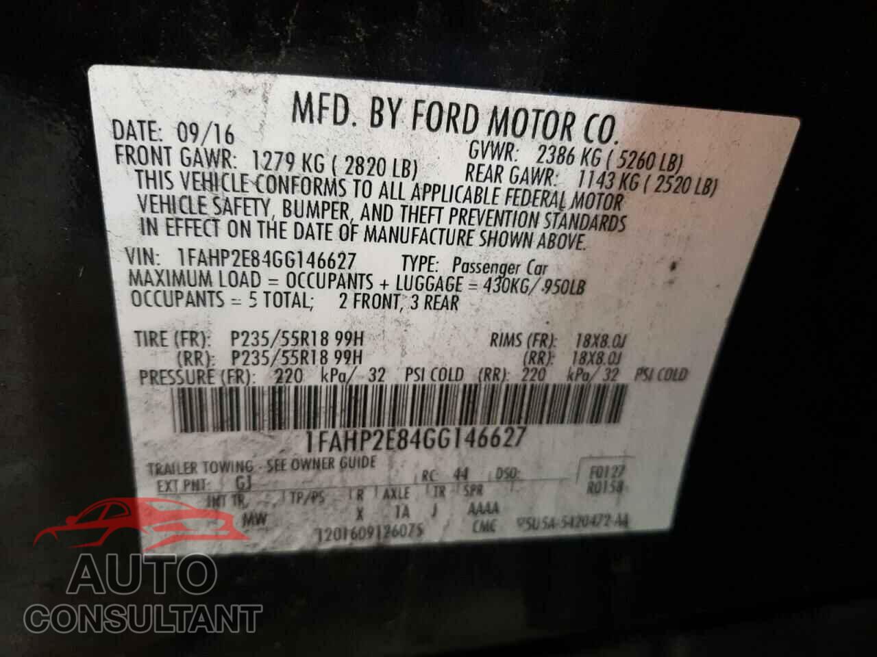 FORD TAURUS 2016 - 1FAHP2E84GG146627