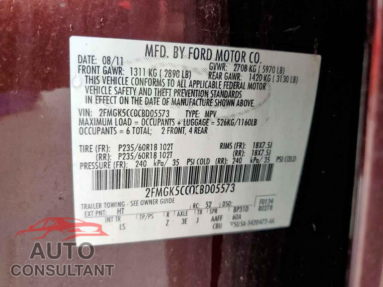 FORD FLEX 2012 - 2FMGK5CC0CBD05573