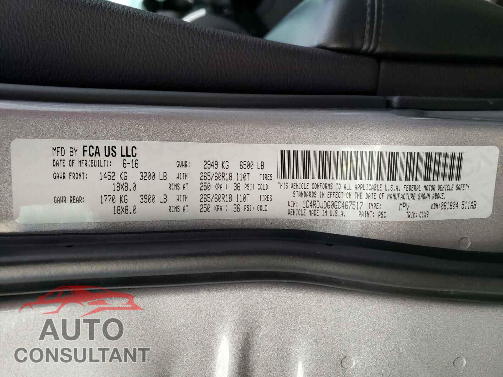 DODGE DURANGO 2016 - 1C4RDJDG0GC467517