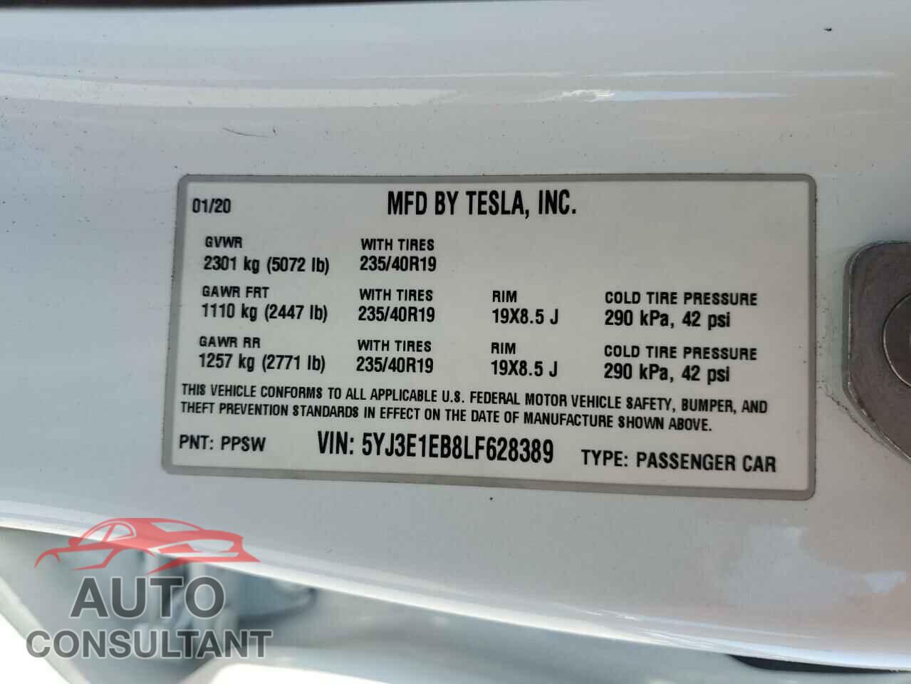 TESLA MODEL 3 2020 - 5YJ3E1EB8LF628389