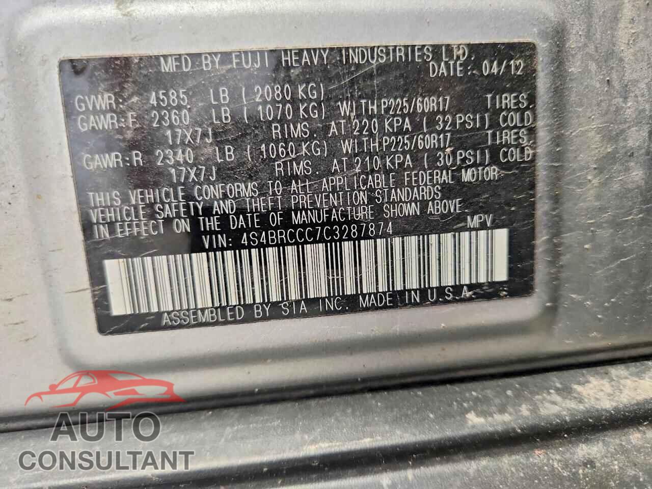 SUBARU OUTBACK 2012 - 4S4BRCCC7C3287874