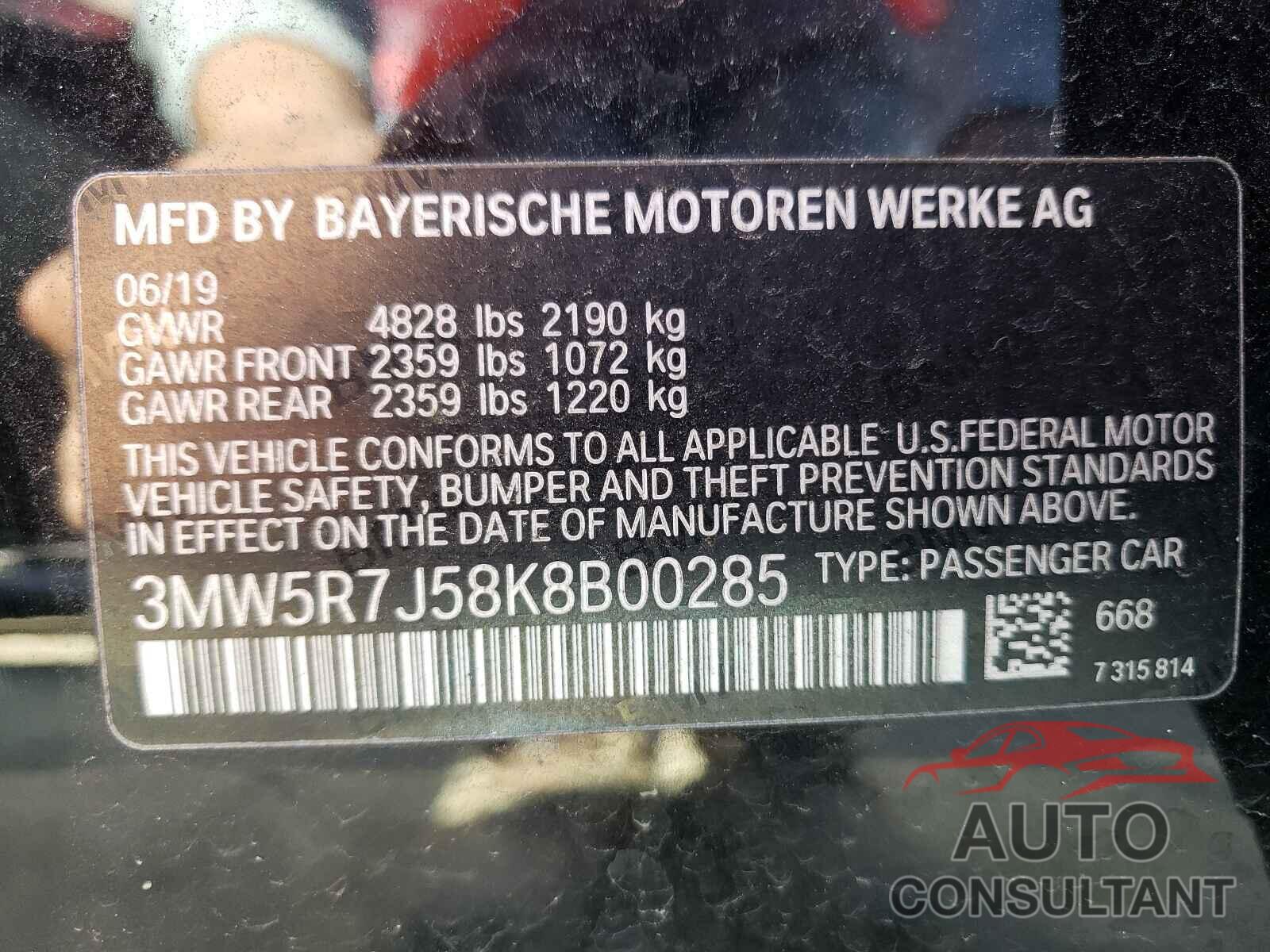 BMW 3 SERIES 2019 - 3MW5R7J58K8B00285