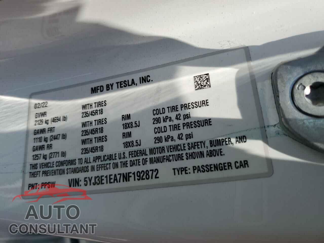 TESLA MODEL 3 2022 - 5YJ3E1EA7NF192872