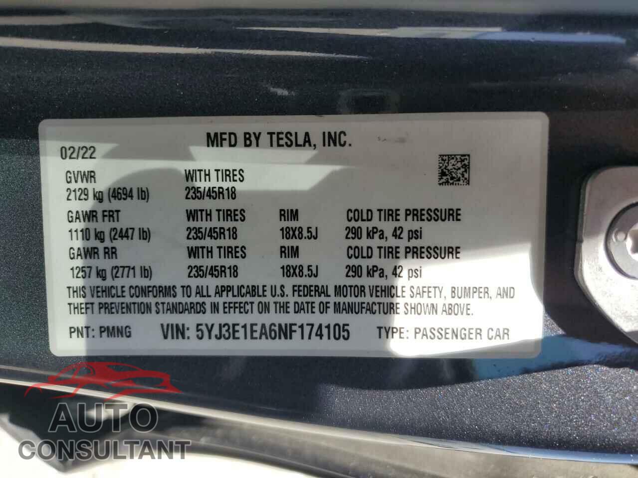 TESLA MODEL 3 2022 - 5YJ3E1EA6NF174105