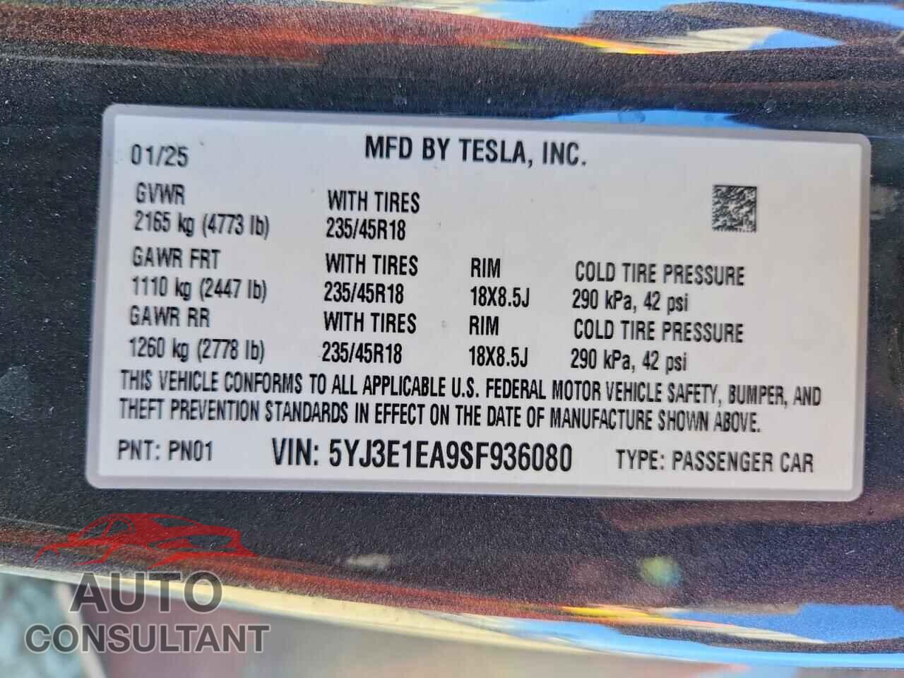 TESLA MODEL 3 2025 - 5YJ3E1EA9SF936080