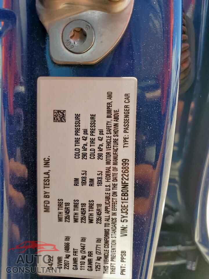 TESLA MODEL 3 2022 - 5YJ3E1EB0NF226899