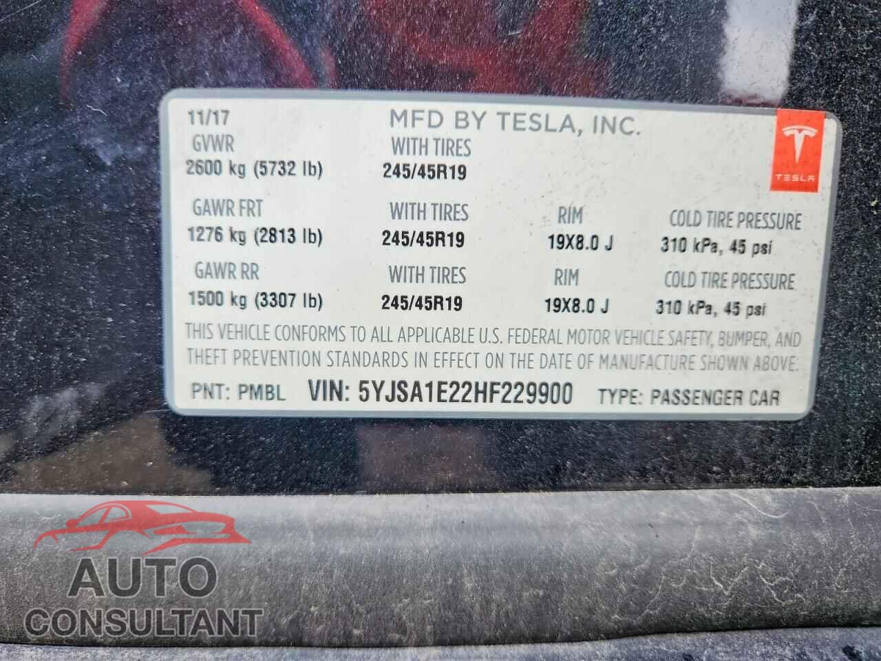 TESLA MODEL S 2017 - 5YJSA1E22HF229900
