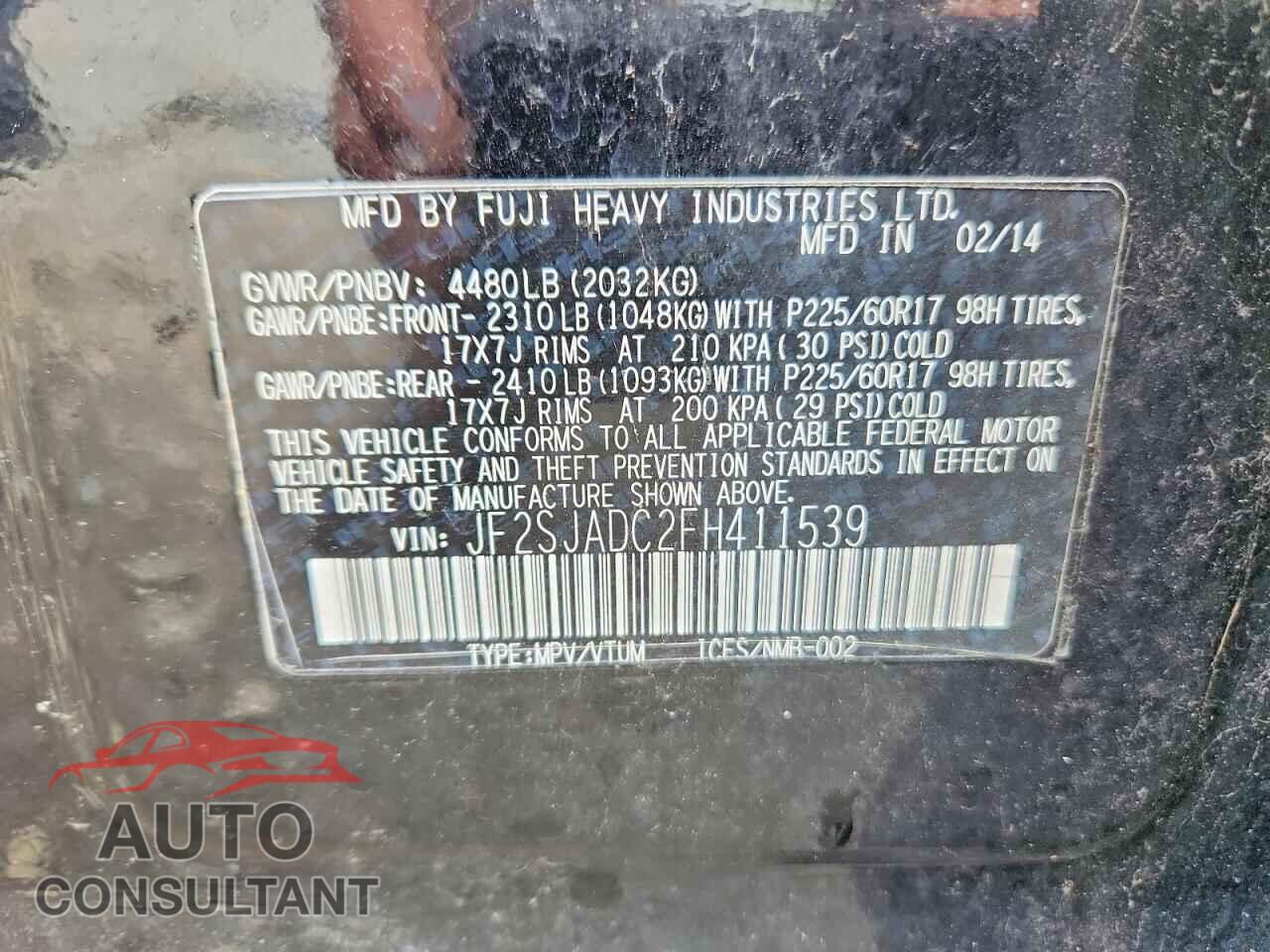 SUBARU FORESTER 2015 - JF2SJADC2FH411539