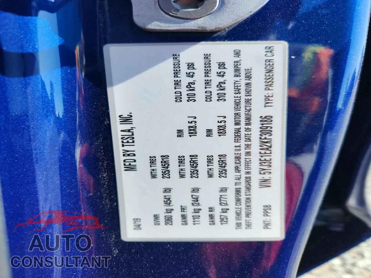 TESLA MODEL 3 2019 - 5YJ3E1EA2KF309186