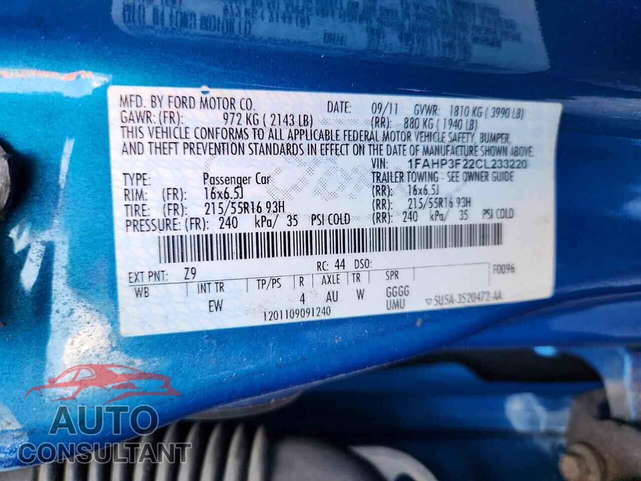 FORD FOCUS 2012 - 1FAHP3F22CL233220