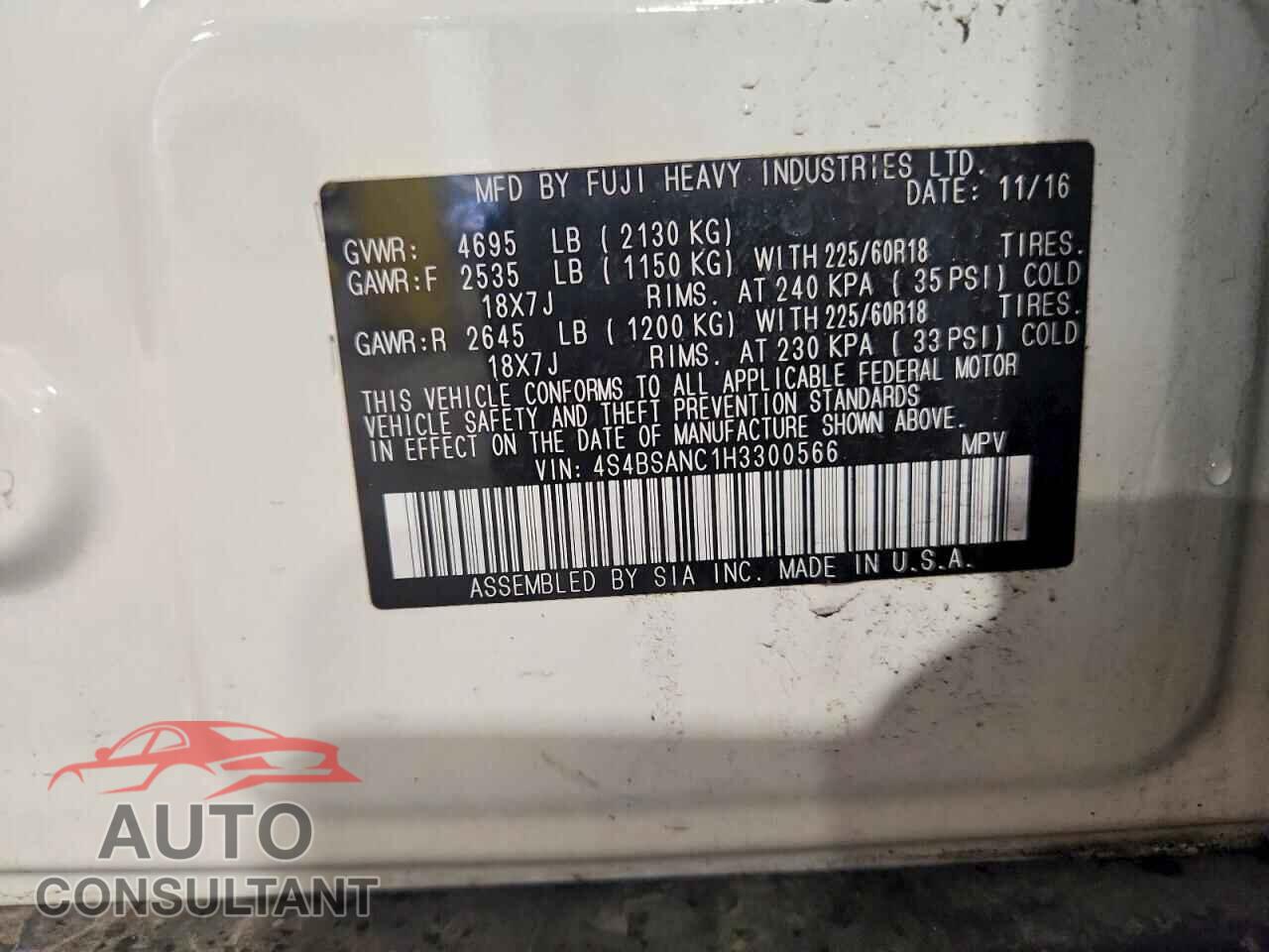 SUBARU OUTBACK 2017 - 4S4BSANC1H3300566