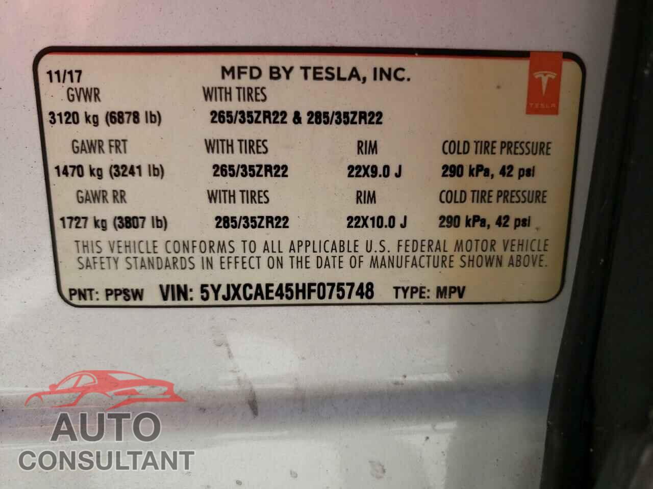 TESLA MODEL X 2017 - 5YJXCAE45HF075748