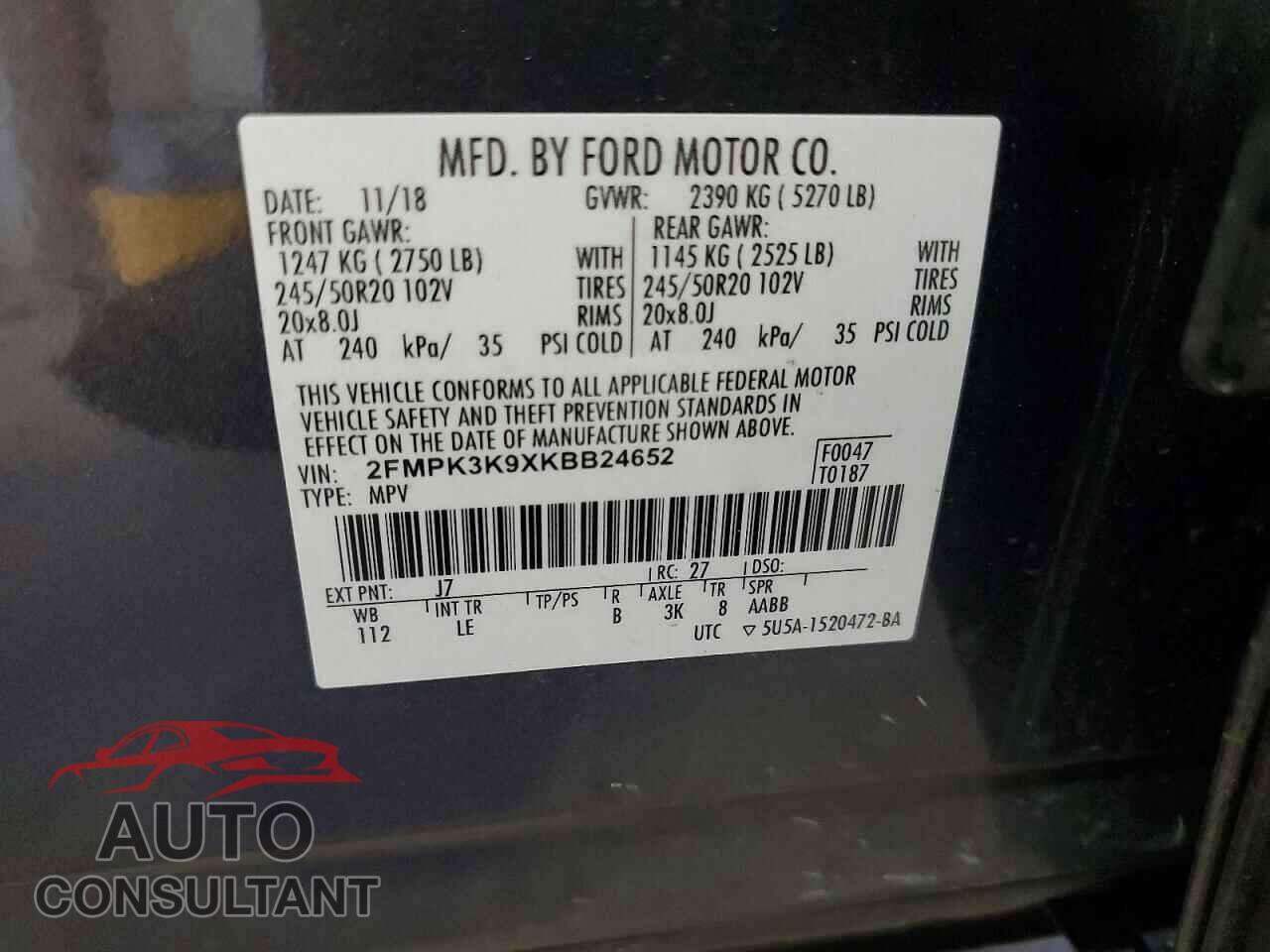 FORD EDGE 2019 - 2FMPK3K9XKBB24652