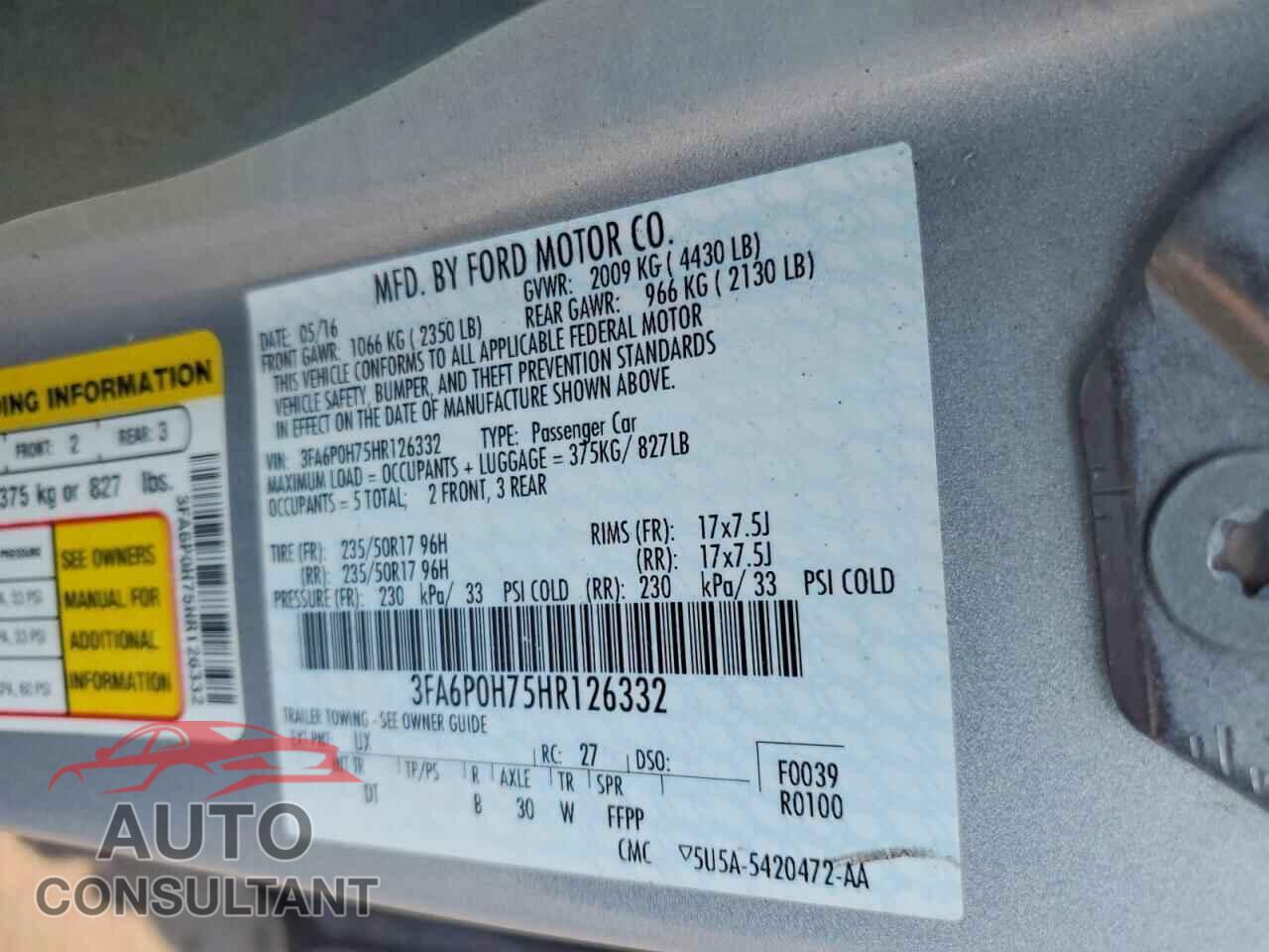 FORD FUSION 2017 - 3FA6P0H75HR126332