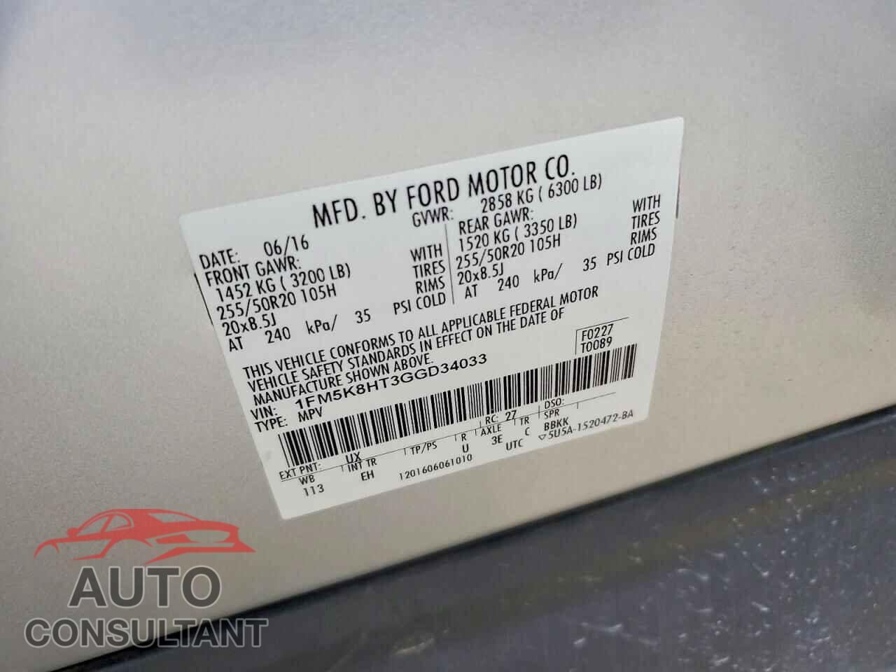 FORD EXPLORER 2016 - 1FM5K8HT3GGD34033