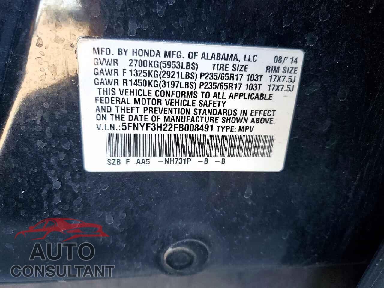 HONDA PILOT 2015 - 5FNYF3H22FB008491
