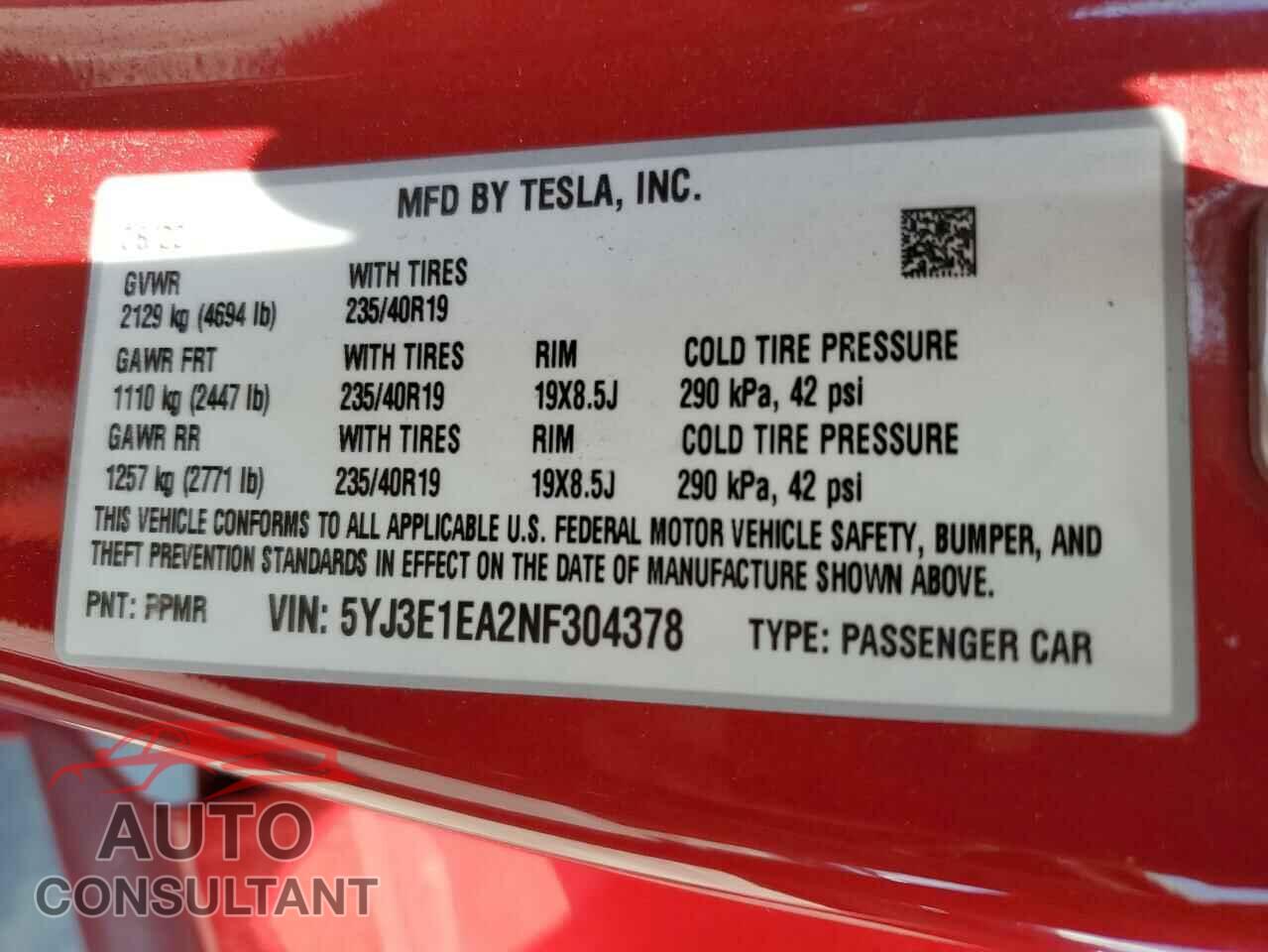 TESLA MODEL 3 2022 - 5YJ3E1EA2NF304378