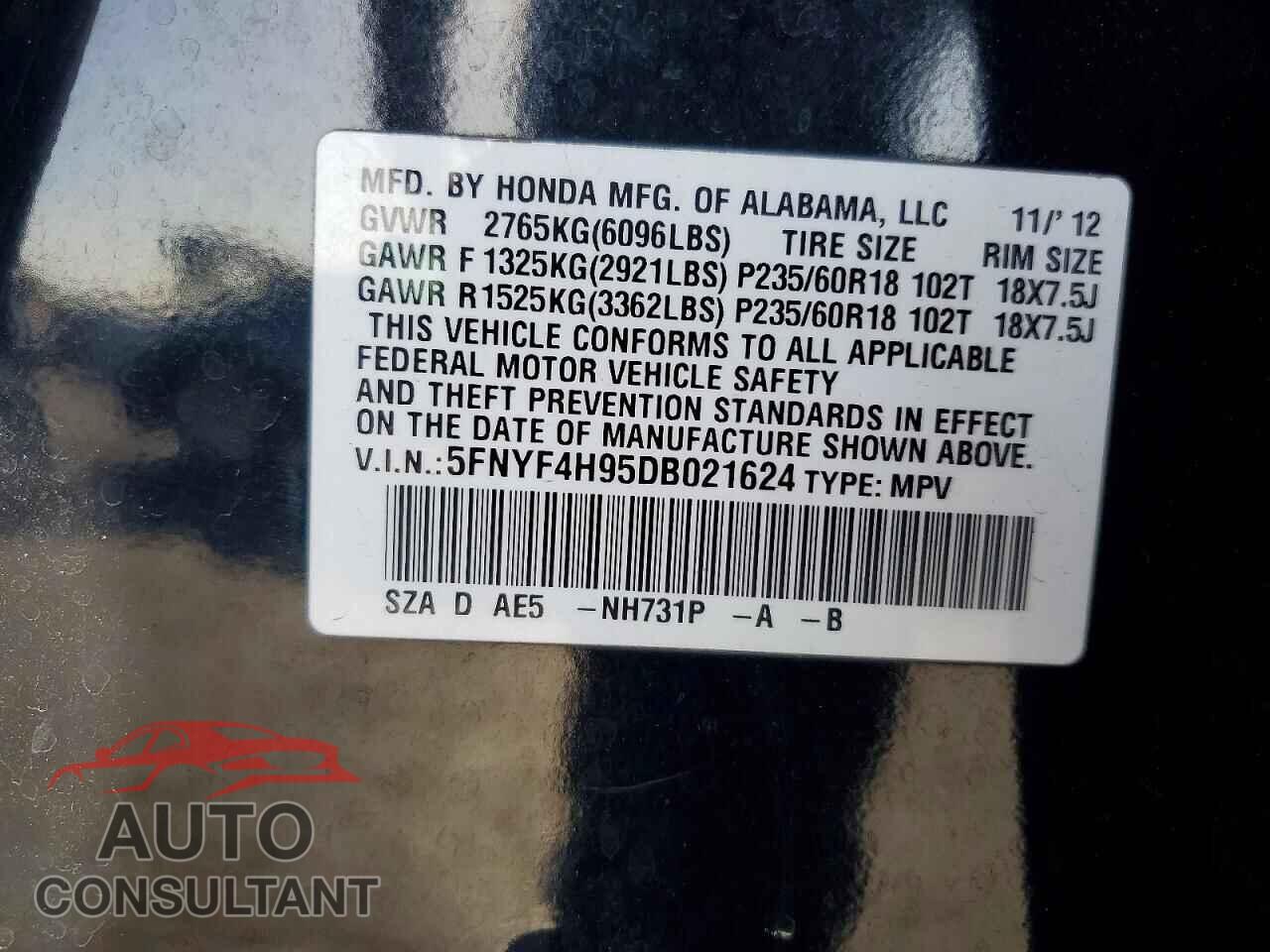 HONDA PILOT 2013 - 5FNYF4H95DB021624