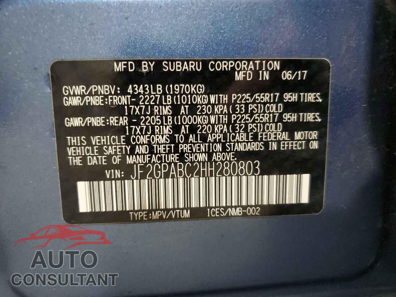 SUBARU CROSSTREK 2017 - JF2GPABC2HH280803