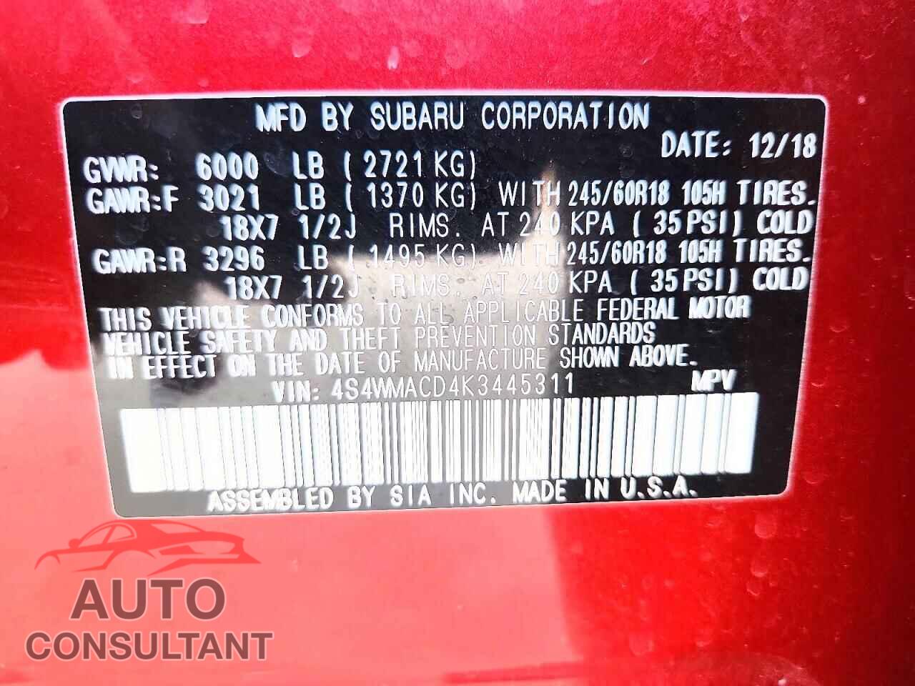 SUBARU ASCENT 2019 - 4S4WMACD4K3445311