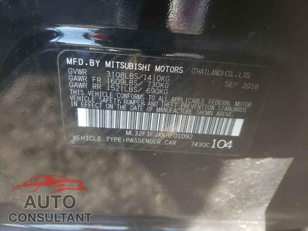 MITSUBISHI MIRAGE 2019 - ML32F3FJXKHF01092