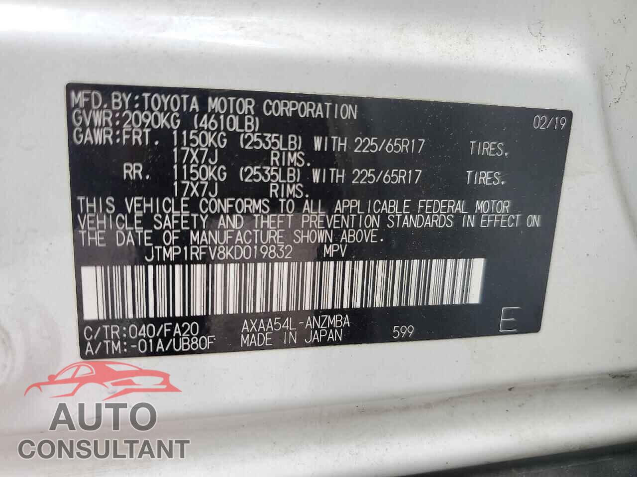 TOYOTA RAV4 2019 - JTMP1RFV8KD019832