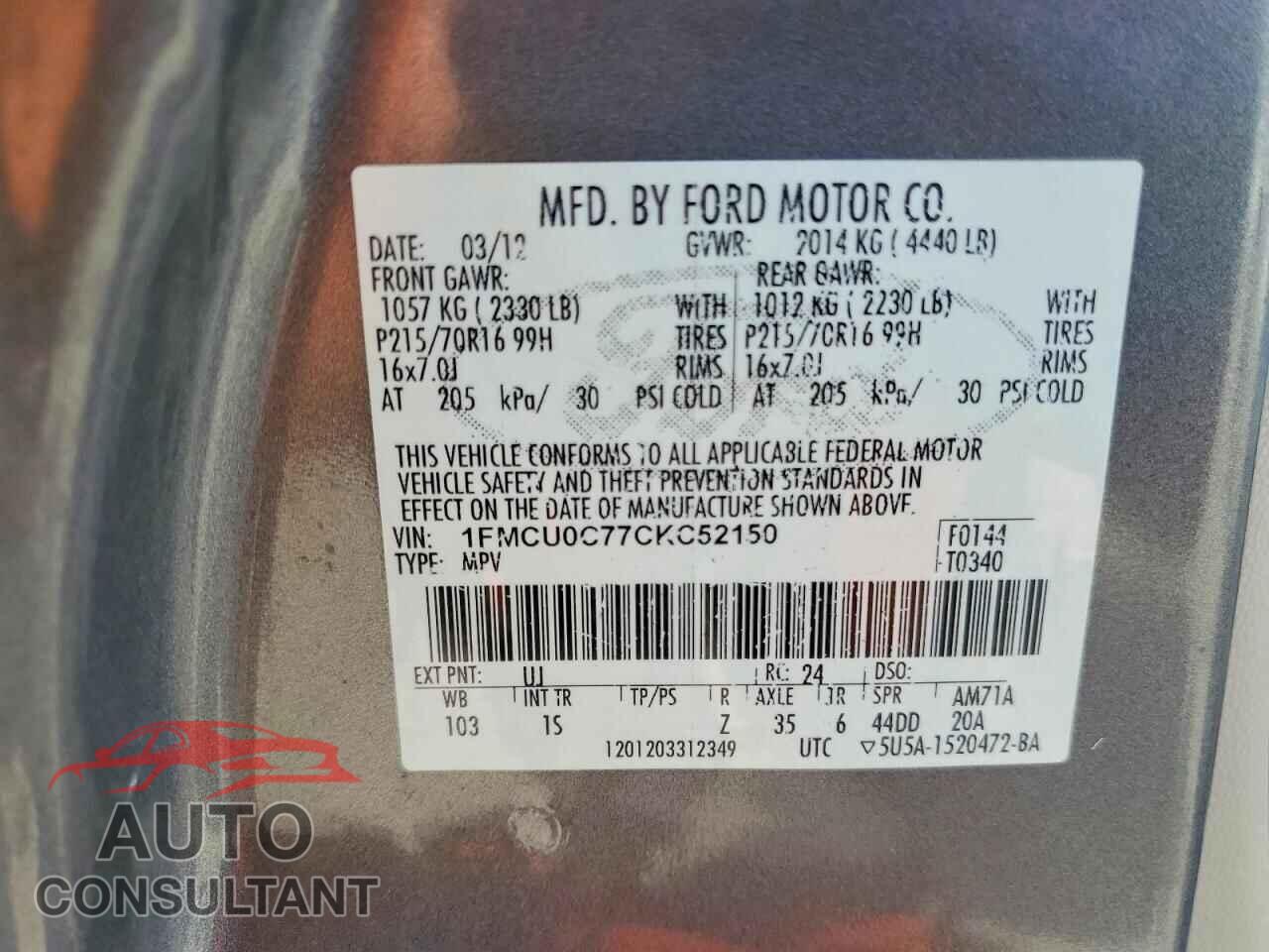 FORD ESCAPE 2012 - 1FMCU0C77CKC52150