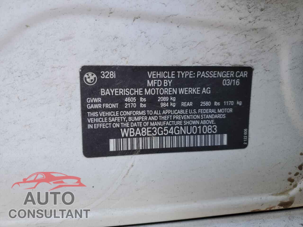 BMW 3 SERIES 2016 - WBA8E3G54GNU01083