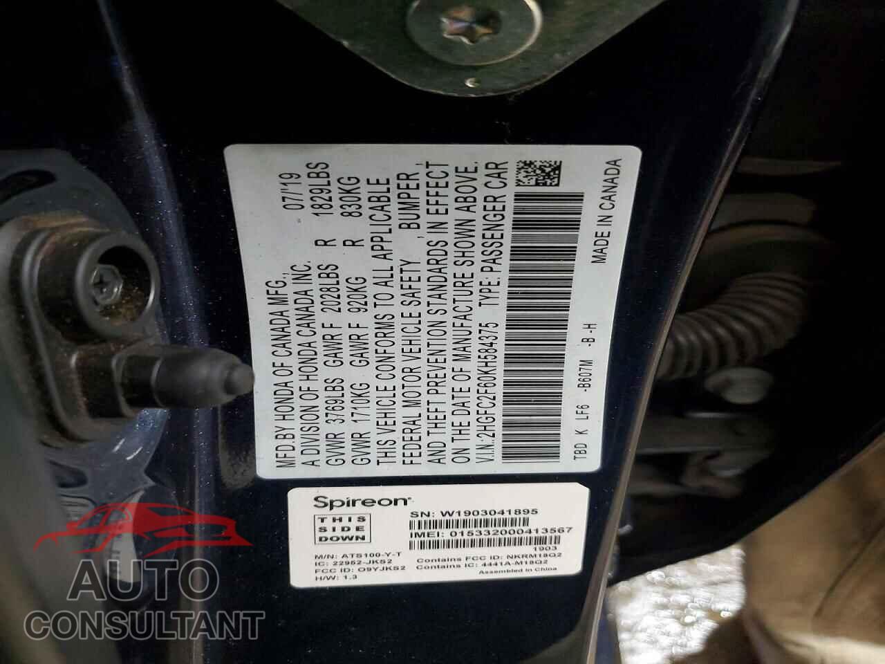 HONDA CIVIC 2019 - 2HGFC2F60KH584375