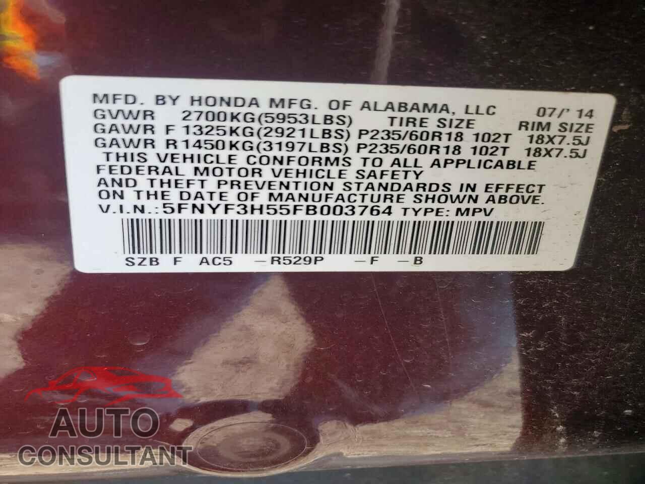 HONDA PILOT 2015 - 5FNYF3H55FB003764