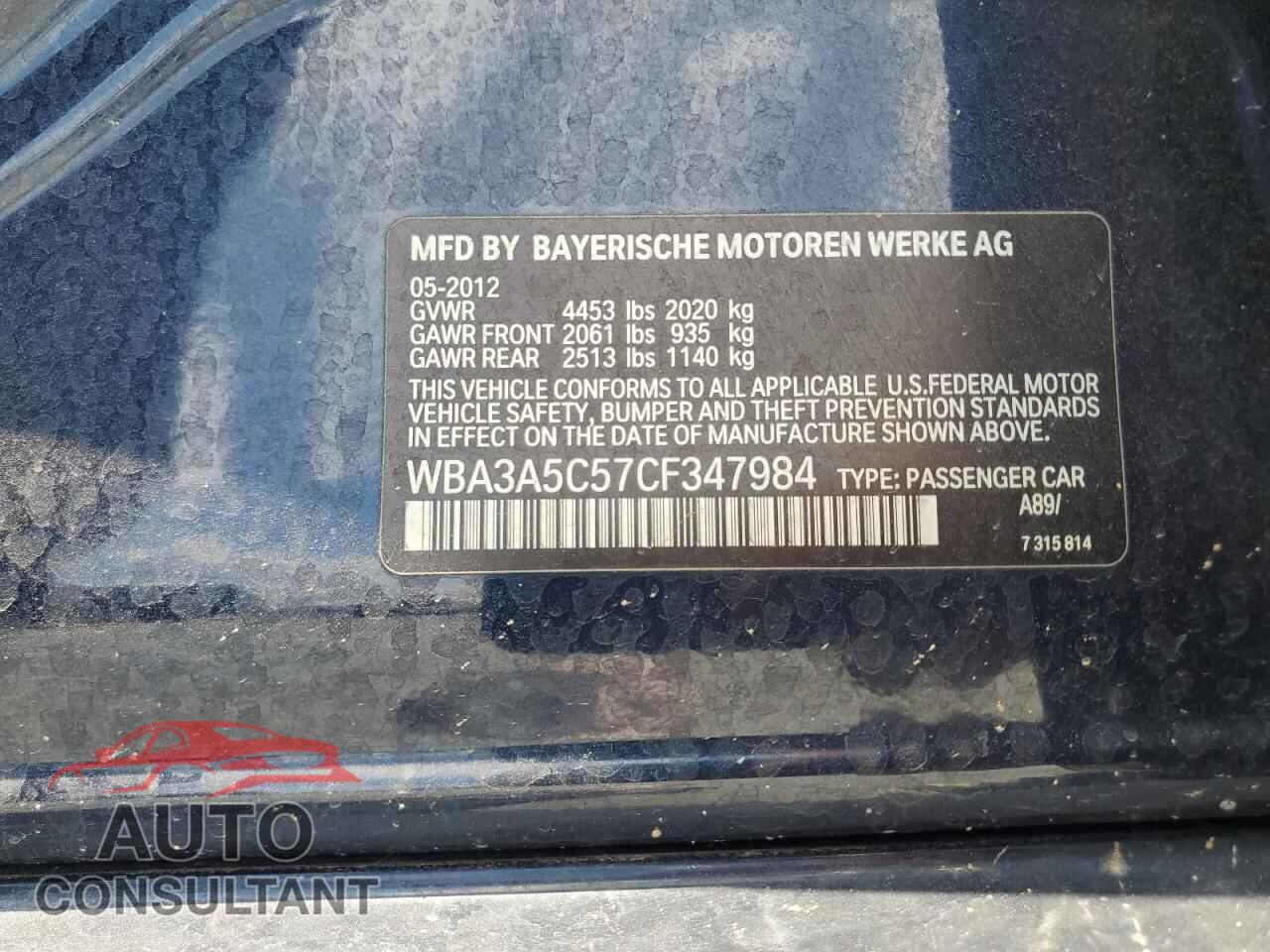 BMW 3 SERIES 2012 - WBA3A5C57CF347984